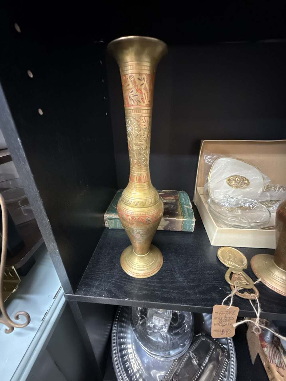 Vintage Hand-Etched Brass Vase with Red Enamel Floral Detailing